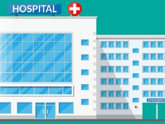 Hospital building, medical icon. Hospital building, medical icon. Healthcare, hospital and medical diagnostics. Urgency and emergency services. Vector illustration in flat style